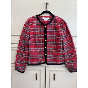 Maggy London Vintage 100% Silk‎ Holiday Plaid Blazer Size 8 Gold Tone Buttons
